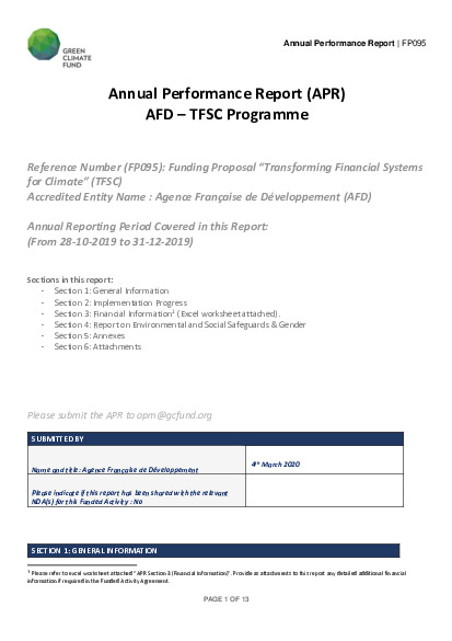 Document cover for 2019 Annual Performance Report for FP095: Transforming Financial Systems for Climate