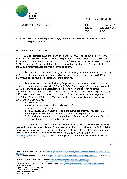 Document cover for Final decision regarding appeal no. IDP/2020/C002 in relation to IDP request no. 071