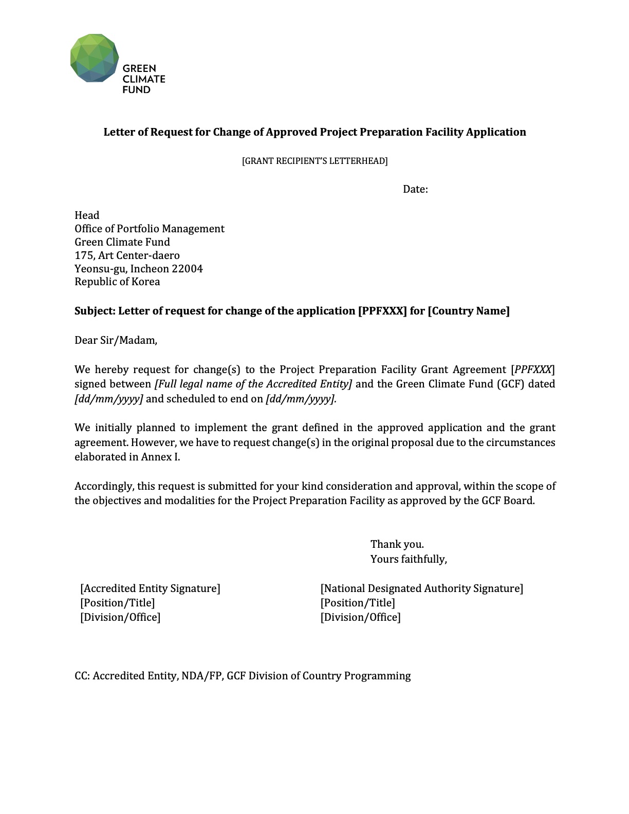 letter of request for change approved project preparation facility application | green climate fund graduate teacher resume examples hybrid