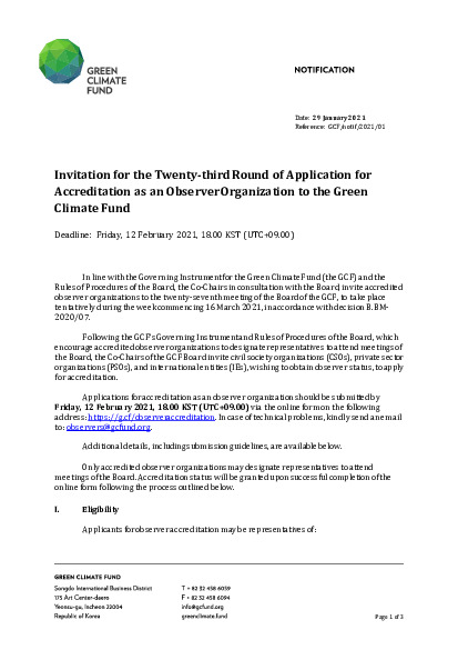 Document cover for Invitation for the Twenty-third Round of Application for Accreditation as an Observer Organization to the Green Climate Fund