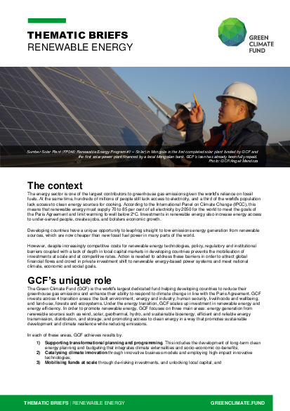 Document cover for Thematic brief: Renewable energy