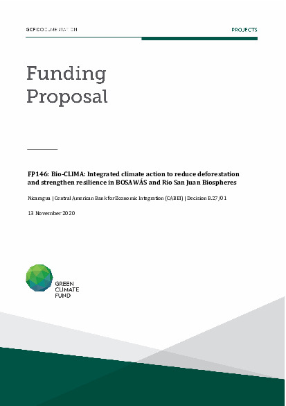 Document cover for Bio-CLIMA: Integrated climate action to reduce deforestation and strengthen resilience in BOSAWÁS and Rio San Juan Biospheres