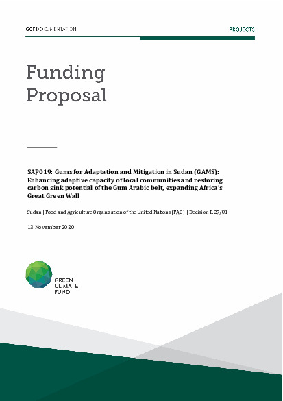 Document cover for Gums for Adaptation and Mitigation in Sudan (GAMS): Enhancing adaptive capacity of local communities and restoring carbon sink potential of the Gum Arabic belt, expanding Africa’s Great Green Wall