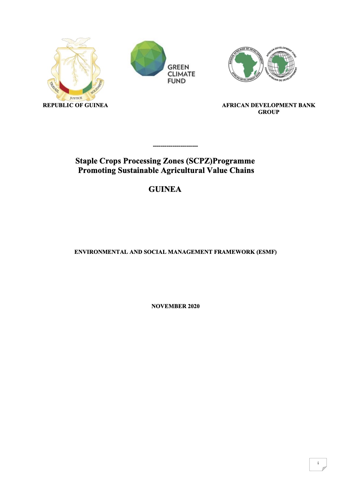 Document cover for Environmental and social safeguards (ESS) report for the programme - Staple Crops Processing Zone (SCPZ): Promoting Sustainable Agricultural Value Chains – submitted by AfDB