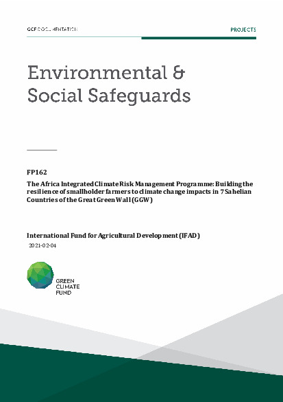 Document cover for Environmental and social safeguards (ESS) report for the programme - The Africa Integrated Climate Risk Management Programme: Building the resilience of smallholder farmers to climate change impacts in 7 Sahelian Countries of the Great Green Wall (GGW)