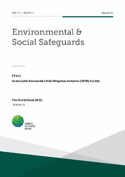Document cover for Environmental and social safeguards (ESS) report for FP163: Sustainable Renewables Risk Mitigation Initiative (SRMI) Facility