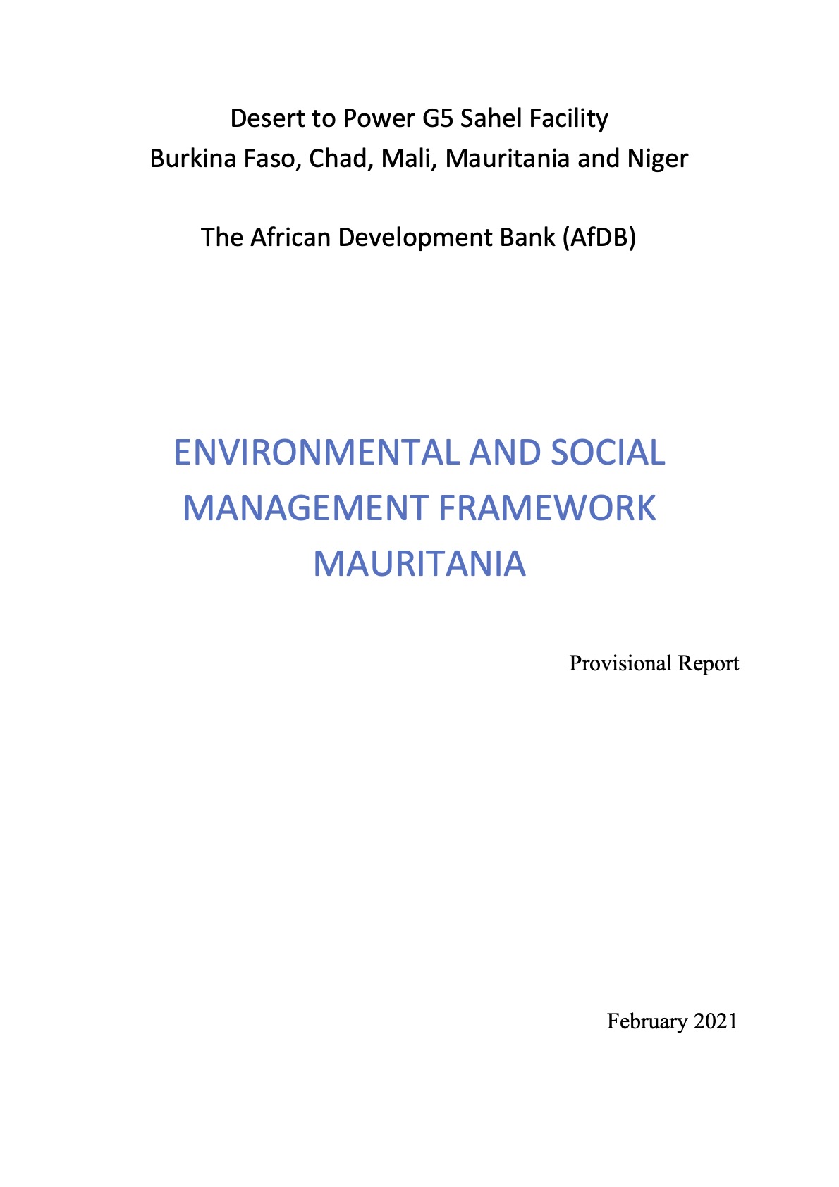 Document cover for Environmental and social safeguards (ESS) report for the programme - Desert to Power Financing Facility for the G5 Sahel Countries – submitted by AfDB