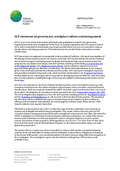 Document cover for GCF statement on governance, workplace culture and management 