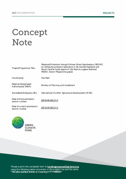 Document cover for Reduced Emissions through Climate Smart Agroforestry (RECAF) (or Achieving emission reductions in the Central Highland and South Central Coast region of Viet Nam to support National REDD+ Action Programme goals)