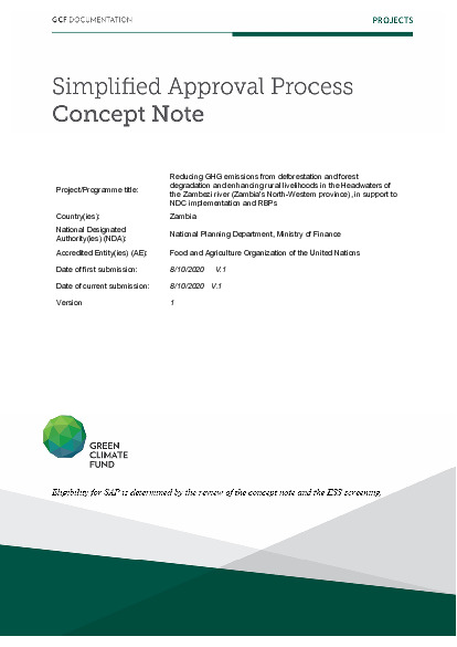 Document cover for Reducing GHG emissions from deforestation and forest degradation and enhancing rural livelihoods in the Headwaters of the Zambezi river (Zambia’s North-Western province), in support to NDC implementation and RBPs
