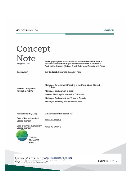 Document cover for Scaling up regional action to reduce deforestation and increase resilience to climate change under the framework of the Leticia Pact for the Amazon (Bolivia, Brazil, Colombia, Ecuador and Peru)