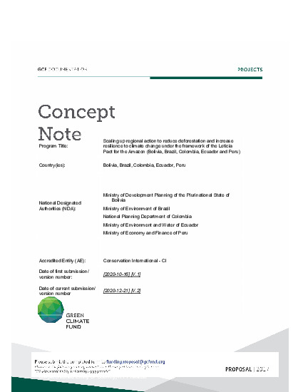 Download Scaling up regional action to reduce deforestation and increase resilience to climate change under the framework of the Leticia Pact for the Amazon (Bolivia, Brazil, Colombia, Ecuador and Peru) Document cover for Scaling up regional action to reduce deforestation and increase resilience to climate change under the framework of the Leticia Pact for the Amazon (Bolivia, Brazil, Colombia, Ecuador and Peru)