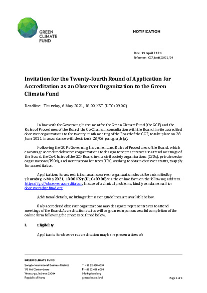 Document cover for Invitation for the Twenty-fourth Round of Application for Accreditation as an Observer Organization to the Green Climate Fund