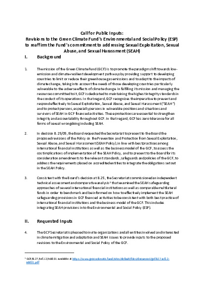 Document cover for Call for Public Inputs: Revisions to the Green Climate Fund’s Environmental and Social Policy (ESP) to reaffirm the Fund’s commitment to addressing Sexual Exploitation, Sexual Abuse, and Sexual Harassment (SEAH)