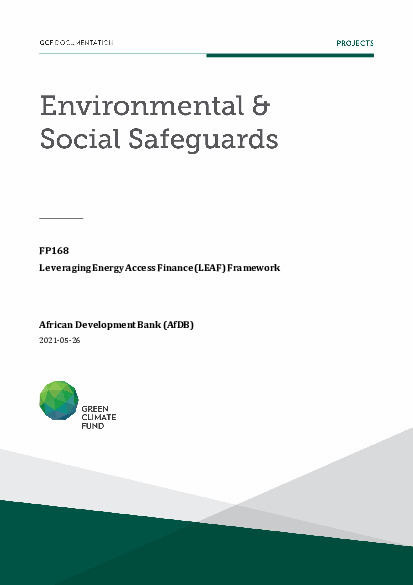 Document cover for Environmental and social safeguards (ESS) report for FP168: Leveraging Energy Access Finance (LEAF) Framework