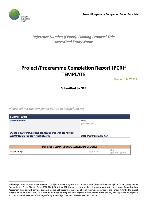 Document cover for Project Completion Report (PCR) template