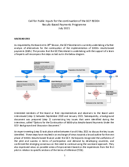 Document cover for Call for Public Inputs for the continuation of the GCF REDD+  Results-Based Payments Programme