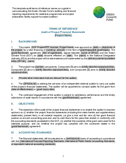 Document cover for Project Preparation Facility audit terms of reference template