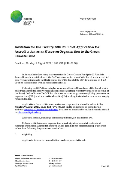 Document cover for Invitation for the Twenty-fifth Round of Application for Accreditation as an Observer Organization to the Green Climate Fund