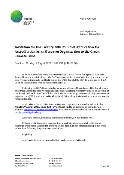 Download Invitation for the Twenty-fifth Round of Application for Accreditation as an Observer Organization to the Green Climate Fund Document cover for Invitation for the Twenty-fifth Round of Application for Accreditation as an Observer Organization to the Green Climate Fund