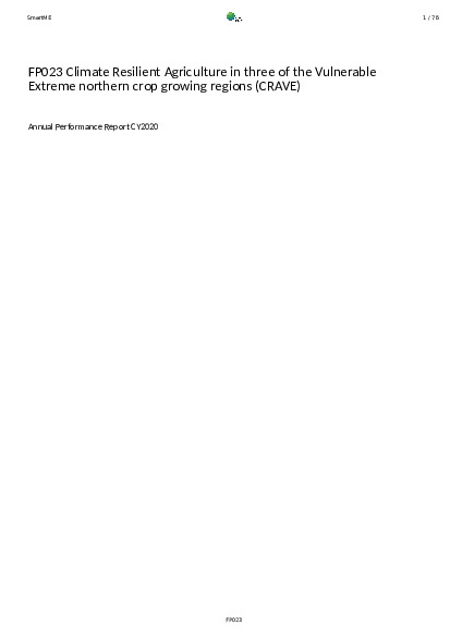 Download 2020 Annual Performance Report for FP023: Climate Resilient Agriculture in three of the Vulnerable Extreme northern crop growing regions (CRAVE) Document cover for 2020 Annual Performance Report for FP023: Climate Resilient Agriculture in three of the Vulnerable Extreme northern crop growing regions (CRAVE)