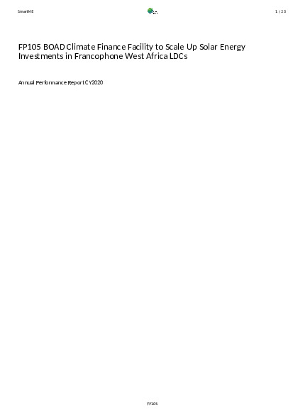 Download 2020 Annual Performance Report for FP105: BOAD Climate Finance Facility to Scale Up Solar Energy Investments in Francophone West Africa LDCs Document cover for 2020 Annual Performance Report for FP105: BOAD Climate Finance Facility to Scale Up Solar Energy Investments in Francophone West Africa LDCs