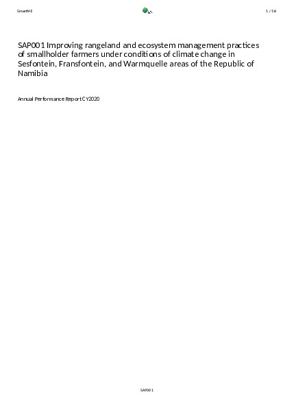Document cover for 2020 Annual Performance Report for SAP001: Improving rangeland and ecosystem management practices of smallholder farmers under conditions of climate change in Sesfontein, Fransfontein, and Warmquelle areas of the Republic of Namibia