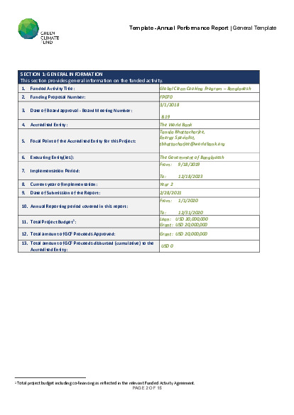 Document cover for 2020 Annual Performance Report for FP070: Global Clean Cooking Program – Bangladesh