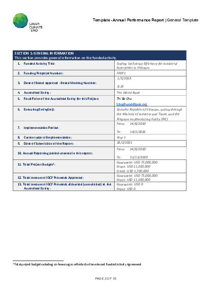 Document cover for 2020 Annual Performance Report for FP071: Scaling Up Energy Efficiency for Industrial Enterprises in Vietnam