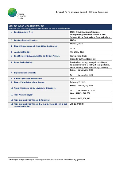 Document cover for 2020 Annual Performance Report for FP074: Africa Hydromet Program – Strengthening Climate Resilience in Sub-Saharan Africa: Burkina Faso Country Project