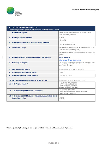 Document cover for 2020 Annual Performance Report for FP083: Indonesia Geothermal Resource Risk Mitigation Project