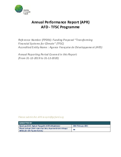 Document cover for 2020 Annual Performance Report for FP095: Transforming Financial Systems for Climate