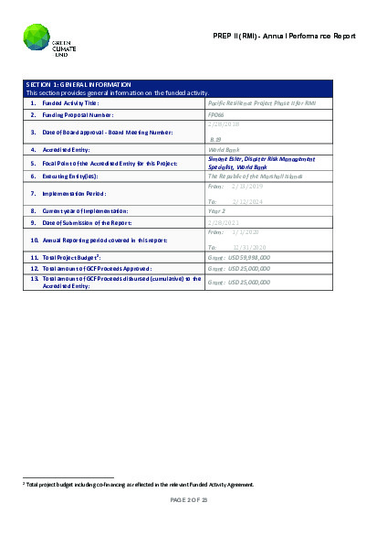 Document cover for 2020 Annual Performance Report for FP066: Pacific Resilience Project Phase II for RMI