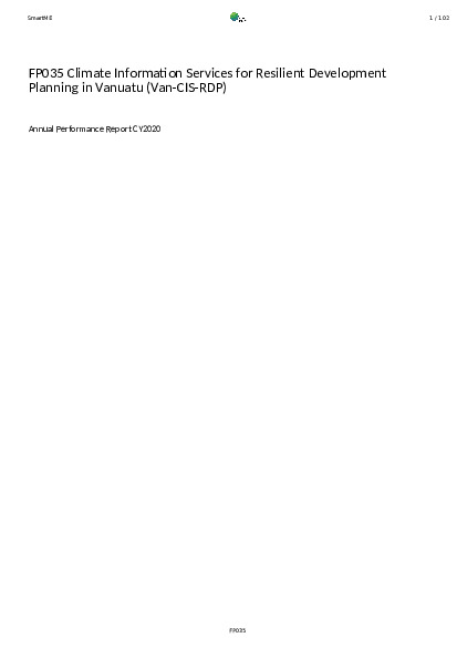 Download 2020 Annual Performance Report for FP035: Climate Information Services for Resilient Development Planning in Vanuatu (Van-CIS-RDP) Document cover for 2020 Annual Performance Report for FP035: Climate Information Services for Resilient Development Planning in Vanuatu (Van-CIS-RDP)