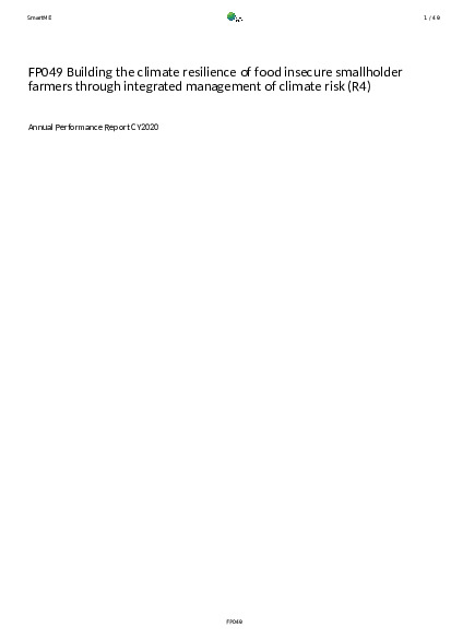 Download 2020 Annual Performance Report for FP049: Building the climate resilience of food insecure smallholder farmers through integrated management of climate risk (R4) Document cover for 2020 Annual Performance Report for FP049: Building the climate resilience of food insecure smallholder farmers through integrated management of climate risk (R4)
