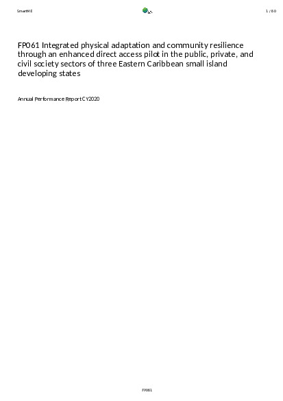 Document cover for 2020 Annual Performance Report for FP061: Integrated physical adaptation and community resilience through an enhanced direct access pilot in the public, private, and civil society sectors of three Eastern Caribbean small island developing states