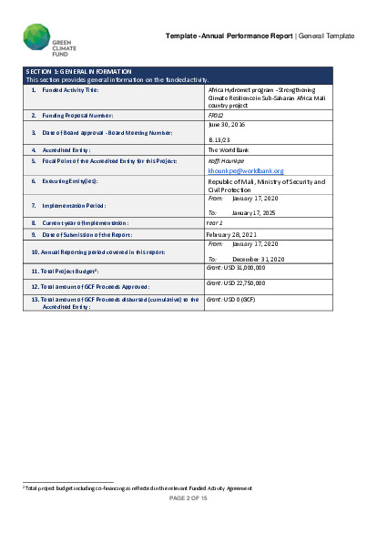 Document cover for 2020 Annual Performance Report for FP012: Africa Hydromet Program – Strengthening Climate Resilience in Sub-Saharan Africa: Mali Country Project