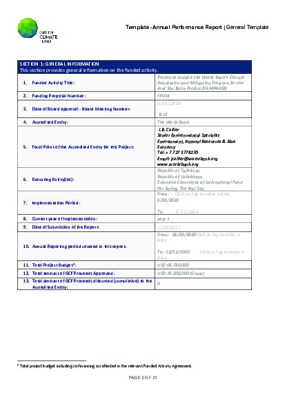 Document cover for 2020 Annual Performance Report for FP014:	Climate Adaptation and Mitigation Program For the Aral Sea Basin (CAMP4ASB)