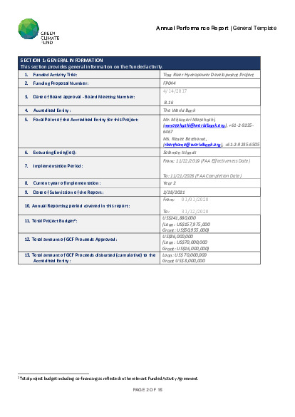 Document cover for 2020 Annual Performance Report for FP044: Tina River Hydropower Development Project