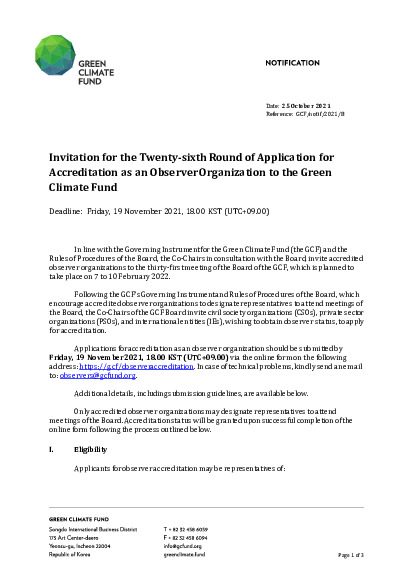 Document cover for Invitation for the Twenty-sixth Round of Application for Accreditation as an Observer Organization to the Green Climate Fund