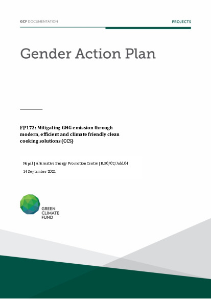 Document cover for Gender action plan for FP172: Mitigating GHG emission through modern, efficient and climate friendly clean cooking solutions (CCS)