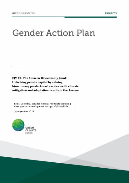 Document cover for Gender action plan for FP173: The Amazon Bioeconomy Fund: Unlocking private capital by valuing bioeconomy products and services with climate mitigation and adaptation results in the Amazon