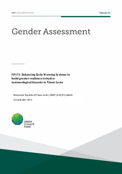Document cover for Gender assessment for FP171: Enhancing Early Warning Systems to build greater resilience to hydro- meteorological hazards in Timor-Leste