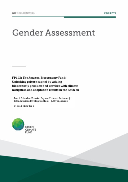 Document cover for Gender assessment for FP173: The Amazon Bioeconomy Fund: Unlocking private capital by valuing bioeconomy products and services with climate mitigation and adaptation results in the Amazon