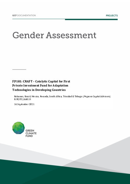 Document cover for Gender assessment for FP181: CRAFT – Catalytic Capital for First Private Investment Fund for Adaptation Technologies in Developing Countries