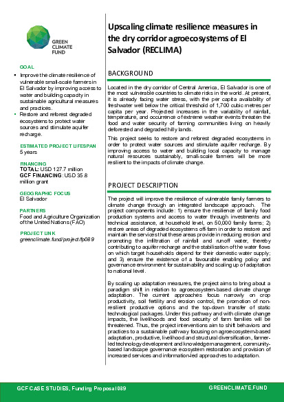 Document cover for Upscaling climate resilience measures in the dry corridor agroecosystems of El Salvador (RECLIMA)