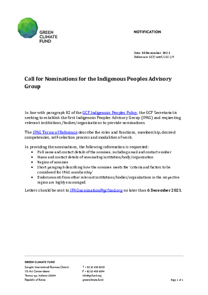 Document cover for Call for Nominations for the Indigenous Peoples Advisory Group