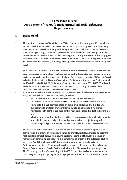 Document cover for Call for Public Inputs: Development of the GCF’s Environmental and Social Safeguards - Stage 1: scoping