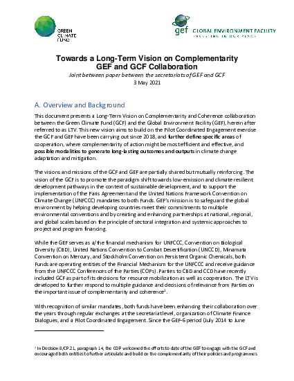 Document cover for Towards a Long-Term Vision on Complementarity GEF and GCF Collaboration