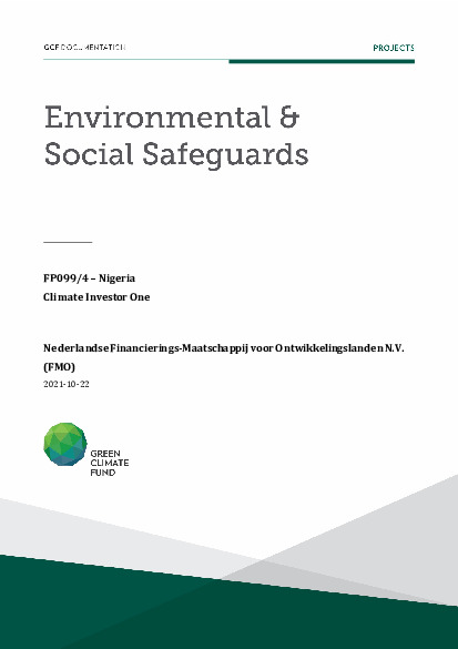 Document cover for Environmental and social safeguards (ESS) report for FP099: Climate Investor One (Nigeria)
